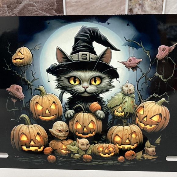 Halloween Cat License Plate With Cup Holder Inserts - Picture 2 of 6